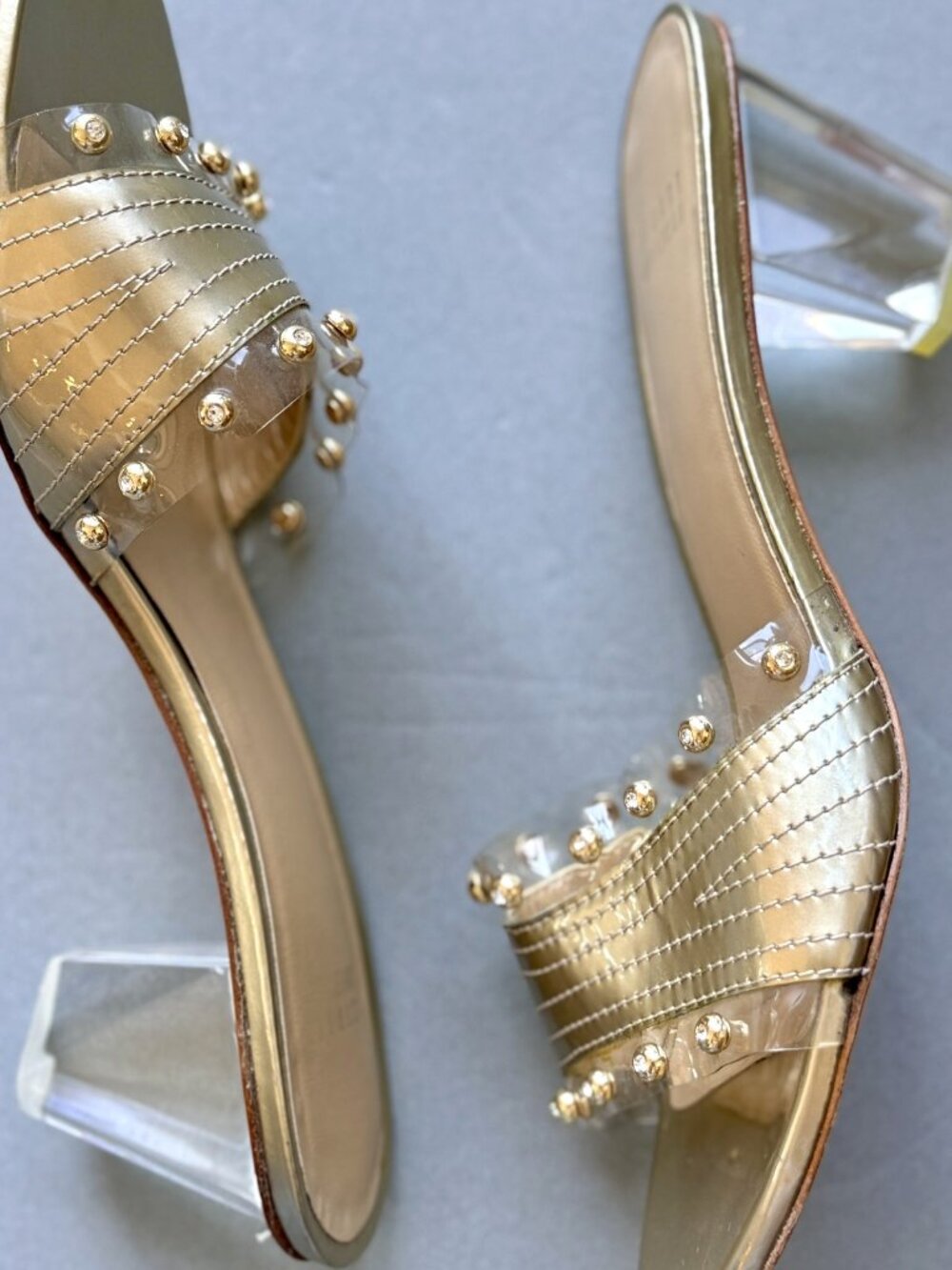 Stuart Weitzman Gold Studded Clear PVC Lucite Heel Slide Mule Sandal Size 9.5